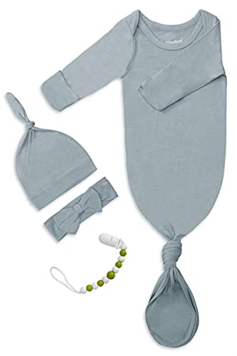 Image of Newborn Baby Knotted Gown, Super Soft Silky Infant Long Sleeve Sleeper for Baby Girl and Boy Sleeping Bag with Mittens and Hat & Bowknot Set (Extra Long),Coming Home Outfit