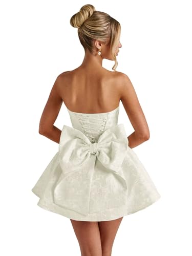 Image of Basgute Floral Jacquard Satin Short Homecoming Dresses for Teens A Line Strapless Formal Prom Evening Gown with Bow
