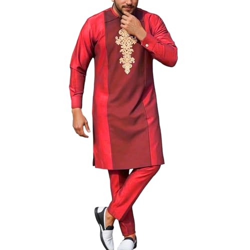 Ensemble qamis musulman brodé à contraste de couleurs ample pour homme