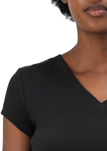 Calvin Klein A- SS WOVEN LABEL RIB VNECK TEE Kadın T-shirt, Siyah, M - Görsel 4