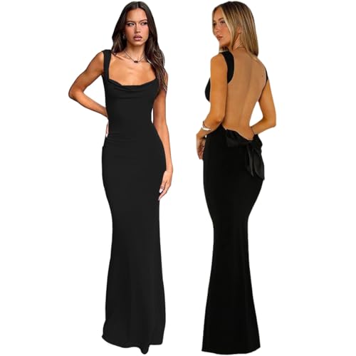 JYIXXZX Robe Femme Longue Sexy Dos Nu Maxi Robes sans Manches Elégant Robes Moulante Col en Carrée Bodycon avec Nœud Papillon d'Été Robe de Soirée Cocktail Club...