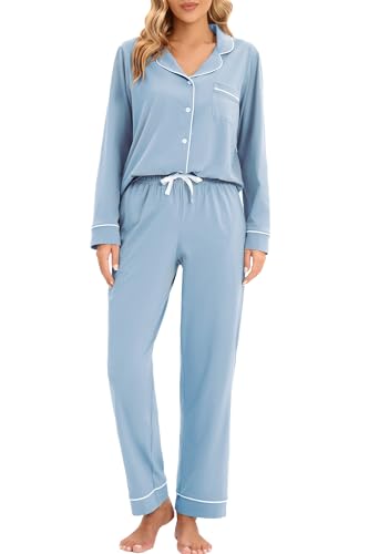 Image of LUBOT 100% Cotton Pajamas Set for Women PJ Set Soft Long Sleeve Button-Down Shirt PJ Two-piece Set Warm Night Suit Sleepwear Loungewear (Baby Blue, XS)