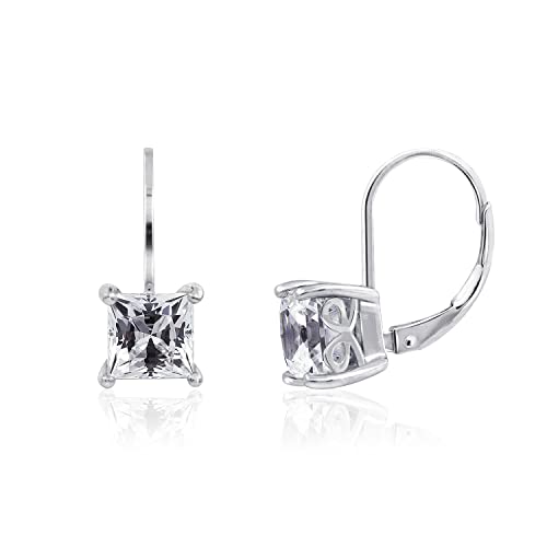 Amazon Essentials Platinum-Plated Sterling Silver Princess Cut Leverback Drop Earrings made with Infinite Elements Cubic Zirconia, White/Platinum, (3 cttw)