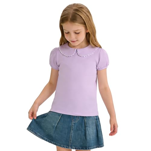 Image of 12M-14Y Toddler Baby Girls Peter Pan Collar Blouse Kids Girl Solid Color Puff Sleeve T-Shirts Casual Tee Tops