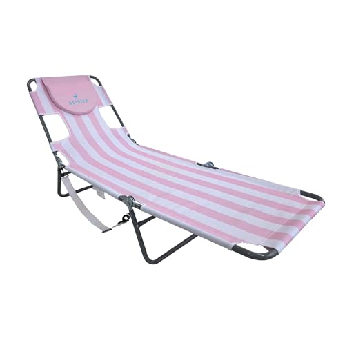 Image of Ostrich the Original Chaise 72 x 22 Inch Lounge Portable Reclining Lounger, Outdoor Patio, Beach, Lawn, Camping, or Pool Tanning Chair, Pink Stripe