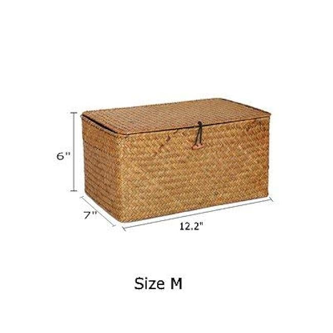 DOKOT Rectangular Handwoven Seagrass Storage Basket with Lid for Shelves and Home Organizer Bin, (M (12x7x6H), Brown)