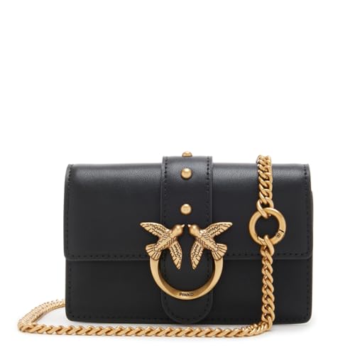 Pinko Love One Micro C Vitello Seta, Bolsa Mujeres, Z99q_Negro-Antiguo Gold, 13 x 8 x 4 cm
