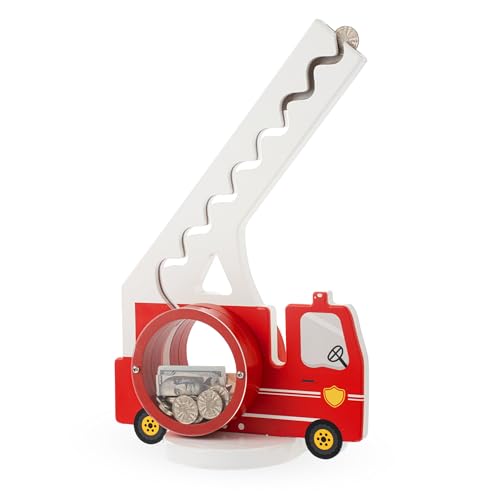 Image of AORCMITN Wooden Fire Truck Piggy Bank for Kids Boys & Girls, Wood Interactive Coin Bank with Clear Belly, Saving Money Toy, Educational Gift for Toddlers Birthday & Decor