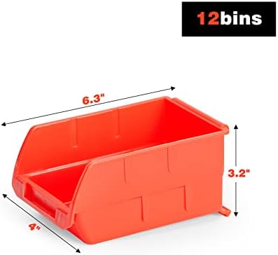 Ultrawall Wall Mounted Storage Bins, Plastic Hanging Storage Organizer Bins, Garage Tool Storage System for Screws, Nuts, Bolts, Nails, and Small Hardware Parts, 12x bins & 3 x rails, Orange