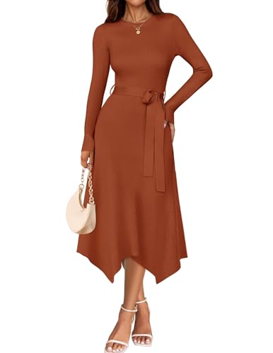 ZESICA Long Sleeve Sweater Dresses Wedding Guest Midi Dress Rust L