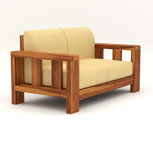 Image of NATRAJ ART & CRAFT Solid Wood 2 Seater Sofa for Living Room | Wooden Frame Fabric Cushioned Loveseat Sofa with Armrests| Modern Comfortable Couch for Home & Office (Honey Finish)
