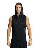 YUSHOW Mens Active Workout Hooded Tank Tops Sleeveless Quick Dry, Athletic Running Trainning Cut Off Muscle Gym Shirt Black