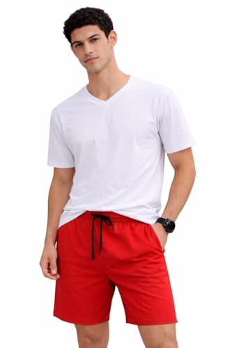 Image of Men's Solid Cotton Lounge Shorts | Premium Soft Breathable Casual Shorts with Elastic Drawstring Waist | Regular Fit Above Knee for Home, Gym & Travel