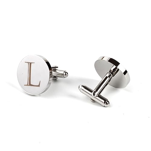 Image of Mens Initial Silver Cufflinks A-Z Alphabet Letter Steel Cuff Links with Engraved Walnut Wood Box Groom Groomsman Wedding Set