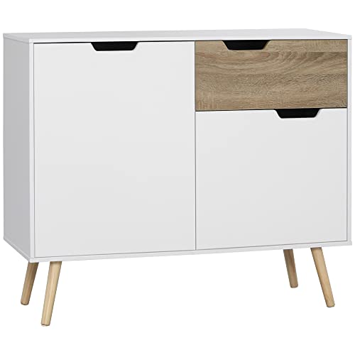 HOMCOM Buffet Meuble de Rangement sur Pied scandinave placards pour Salle de Bain, Salon, Cusine, Pieds en Bois Massif pin - Blanc - dim. 98L x 39l x 81,5H cm