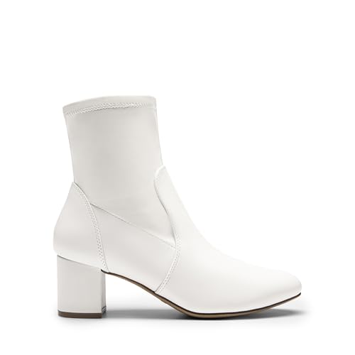 DREAM PAIRS DREAM PAIRS Women's Fitted Stretch Ankle Boots Fashion Low Chunky Heel Almond Toe Fall Heeled Booties Shoes,Size 7,WHITE-PU,SDAB2414W