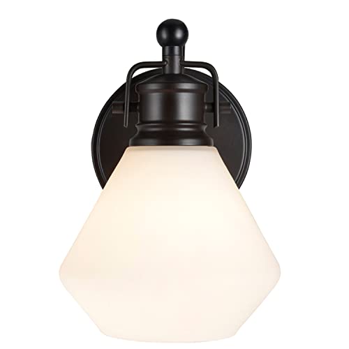 Image of Aspen Creative 62089, One-Light Metal Bathroom Vanity Wall Light Fixture, 6 inch Wide, Transitional Design in Bronze with Opal Glass Shade