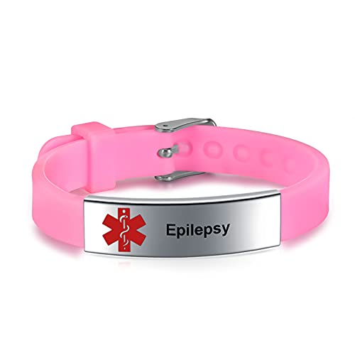 JF.JEWELRY Epilepsy Bracelets, Medical Alert Bracelets for Women, Pre-engraved medical alert bracelet, Waterproof Silicone Medical Bracelet - Pink
