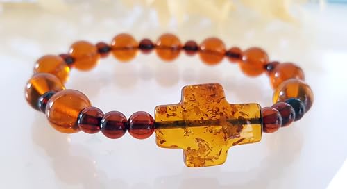 Religious Cross Stretch Rosary Amber Bracelet - Round Amber/Men Women Unisex Bracelet/Certified Baltic Amber, Medium4
