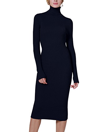 Rocorose Damen Rollkragen-Strickkleid mit Rippstrick und Langen Ärmeln - Blau - Mittel