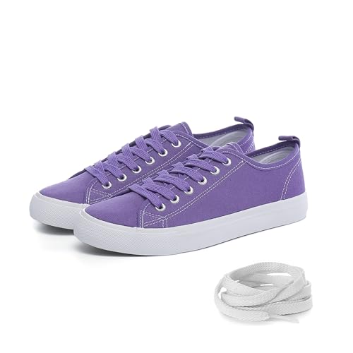 Canvas Shoes for Women Casual Low Top Sneakers Fashion Womens Tennis Shoes with Extra Laces, Purple, Size 11