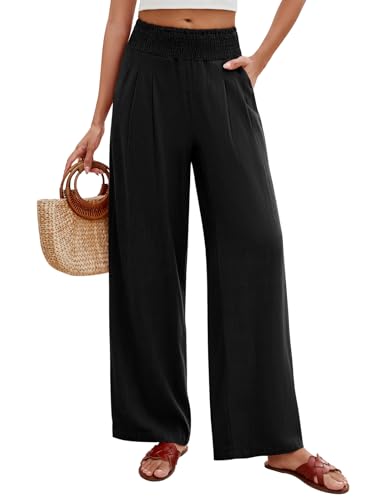 PASUDA Pantalon Femme Été Lin Pantalons Taille Haute Elastique Pantacourt Coton Grande Longueur Palazzo Pants Jambe Large Ample Fluide Droit Décontractée...