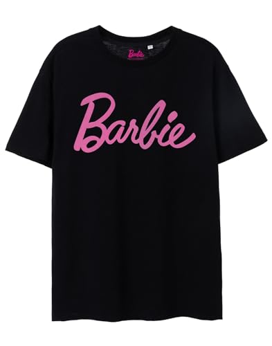Barbie Camiseta de Manga Corta con el Logotipo clásico Rosa de Las Mujeres en Negro | Icónica Marca Top de diseño de Moda para Damas | Cómoda Camiseta Retro con Estilo Movie