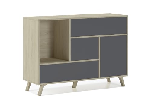 Skraut Home | Aparador para Salón o Comedor | 86 x 120 x 40 cm | Buffet con 1 Puerta + 3 Cajones | Modelo Wind | Madera Resistente | Acabado Roble/Gris