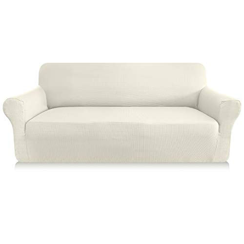 Granbest Funda Sofá 3 Plaza Funda de Sofá Elastica Funda para Sofá a Rayas Protector Ajustables de Sofá Antideslizante (Blanco Cremoso, 3 Plaza)