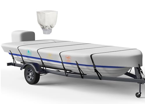1200D 5-Layer Jon Boat Cover 12-14ft with Motor Cover | Super Waterproof (2-Layer PU 1 Seam Tape) | UV Resistant 9+4 Windproof Straps | Mooring/Trailerable