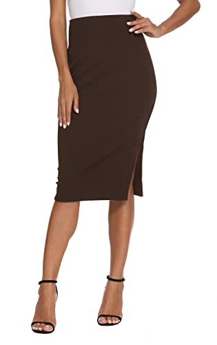 EXCHIC Damen Büro Hohe Taille Knielänge Stricken Bleistiftrock Elastische Bodycon Midi Rock mit Schlitz(L, Kaffee)