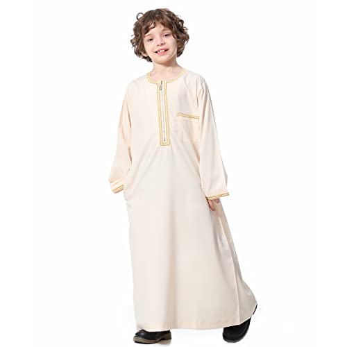 Image of OBEEII Boy's Muslim Arab Solid Color Thobe Long Sleeve Kaftan Embroidered Robe Islamic Arabic Abaya Thobe