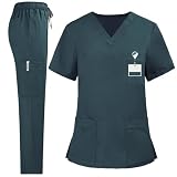KHIRVWL Divisa Infermiere Donna Divisa Sanitaria Set con Casacca e Pantalone Sanitaria Uniformi Infermiera Ospedaliere con Cordoncino Camice Medico Donna Set Uniforme Maglia Frontale & Pantaloni