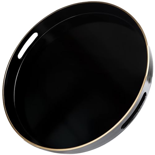 Omuriko Black Round Decorative Tray with Handles, 13" Versatile Serving Tray for Coffee Table, Ottoman, Ideal for Serving, Displaying, Organizing