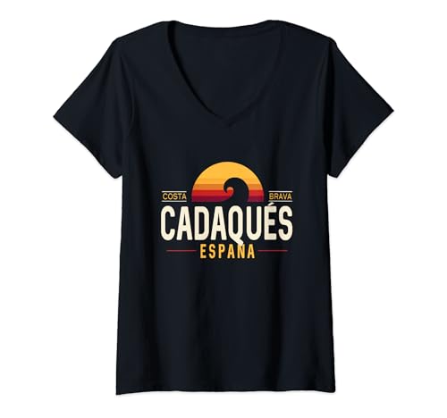 Photo de Femme Cadaques Espagne | Cadaqués Costa Brava España Retro Wave Logo T-Shirt avec Col en V