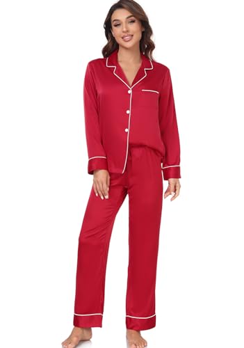 Image of Serenedelicacy Women's Satin Pajama Set Long Sleeve Button Down Sleepwear 2-Piece Silky Pj Set