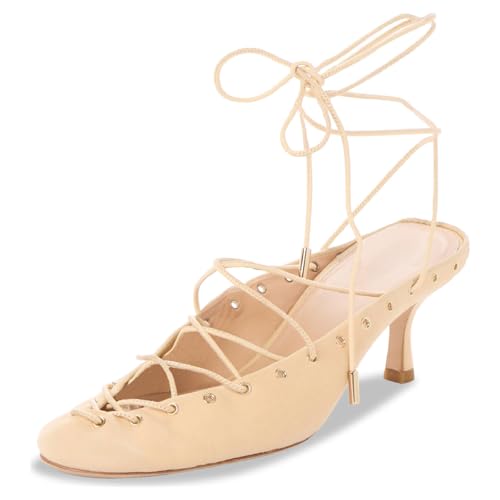 Women's Chic Eyelet Lace Up Kitten Heel Round Closed Toe Pumps Sexy Backless Grommets Cross Strap High Heels Wedding Prom Party Summer Shoes for Women