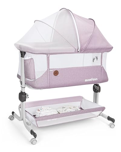 Image of MOMFANN Baby Bassinet Bedside Sleeper, Upgraded Stability Bedside Crib with Full Mesh Sides, Soft Sheet, 6-Height Adjustment, Storage Basket, Easy Folding Portable Bassinet for Newborns,Pinkish Purple