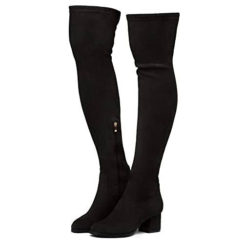 Shoe Land Caraa Women’s Thigh High Stretchy Boots Block Heel Side Zipper Back Lace Over The Knee Casual Boots Black 8.0 #TOP1
