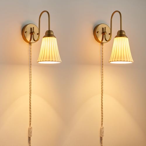 Image of Fetason Plug in Wall Sconces Set of 2, Modern Ceramic Gold Wall Sconce Light with Switch, Vintgae Bedside Wall Lamp Light Fixtures for Living Room Bedroom Kitchen Home Office Hallway