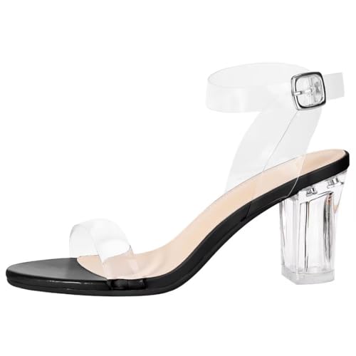 Image of ZriEy Women's Clear Heels Chunky Block Mid High Heeled Sandals | 2.75 Inch Chunky Heel, Transparent Open Toe Ankle Strap Dress Pump Shoes for Women in Daily Wear Party Wedding