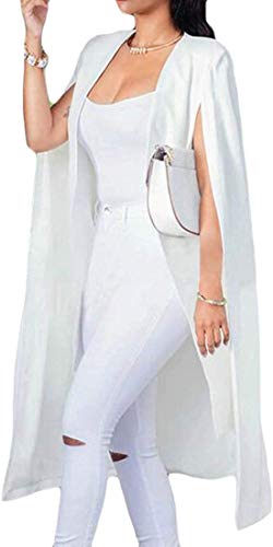 Women Blazer Jacket Poncho Plain Split Long Formal Cardigan Cloak Suit Coat,White,US-XXS
