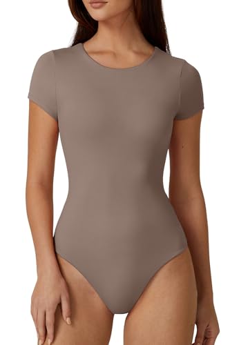 Image of QINSEN Women's Crew Neck Short Sleeve Bodysuit Double Lined Body Suits Basic T-shirt Tops