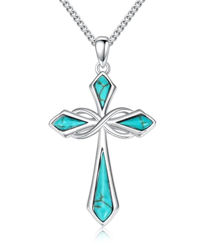 WSX Collar con colgante de cruz de turquesa real para mujer, plata de ley 925, colgante de piedra verde, joyería para su esposa, mamá, hermana, novia