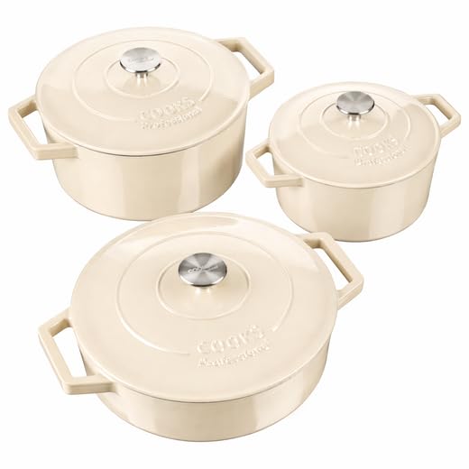 Cooks Professional Set of 3 Cast Iron Casserole Dishes with Lid & Handles | 20, 26 & 28cm | Colourful Enamelled Cooking Pans Pots | Suitable For All Hobs Inc Induction | Oven & Grill Safe | Ivory — image 1