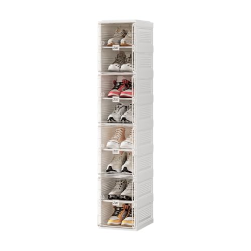 MAYIBOX Transparente schuhregal,schuhboxen stapelbar weiß, mit magnetischer Tür, für Stöckelschuhe, Stiefeletten, Pumps