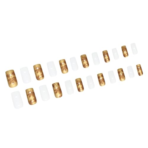 ゴールドと白の光沢のあるスクエアプレスネイルセット 24 個秋テーマカエデの葉パターンフェイクネイル用爪装飾