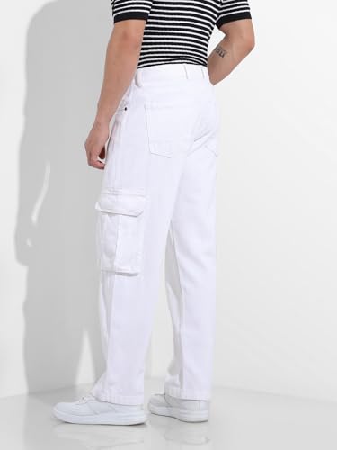 Image of The Indian Garage Co Men Relaxed Fit Solid Mid-Rise Cargo Denim