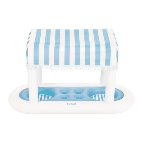 FUNBOY Giant Floating Light Blue Cabana Stripe Drink Station, Removable Fabric Shade with Fringe, Perfect for Parties, Table-Top Decorations and in-Pool Refreshments.