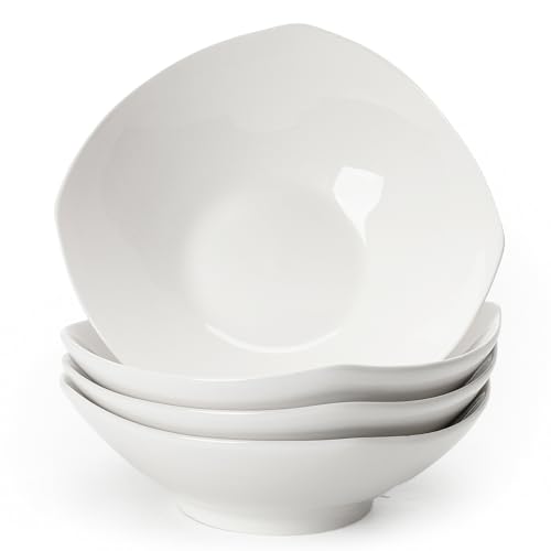 TuYines Juego de 4 ensaladeras de porcelana, color blanco, plato de pasta, plato hondo para espaguetis, cuenco para cereales apto para microondas, bandeja para servir ensaladas, sopas, aperitivos